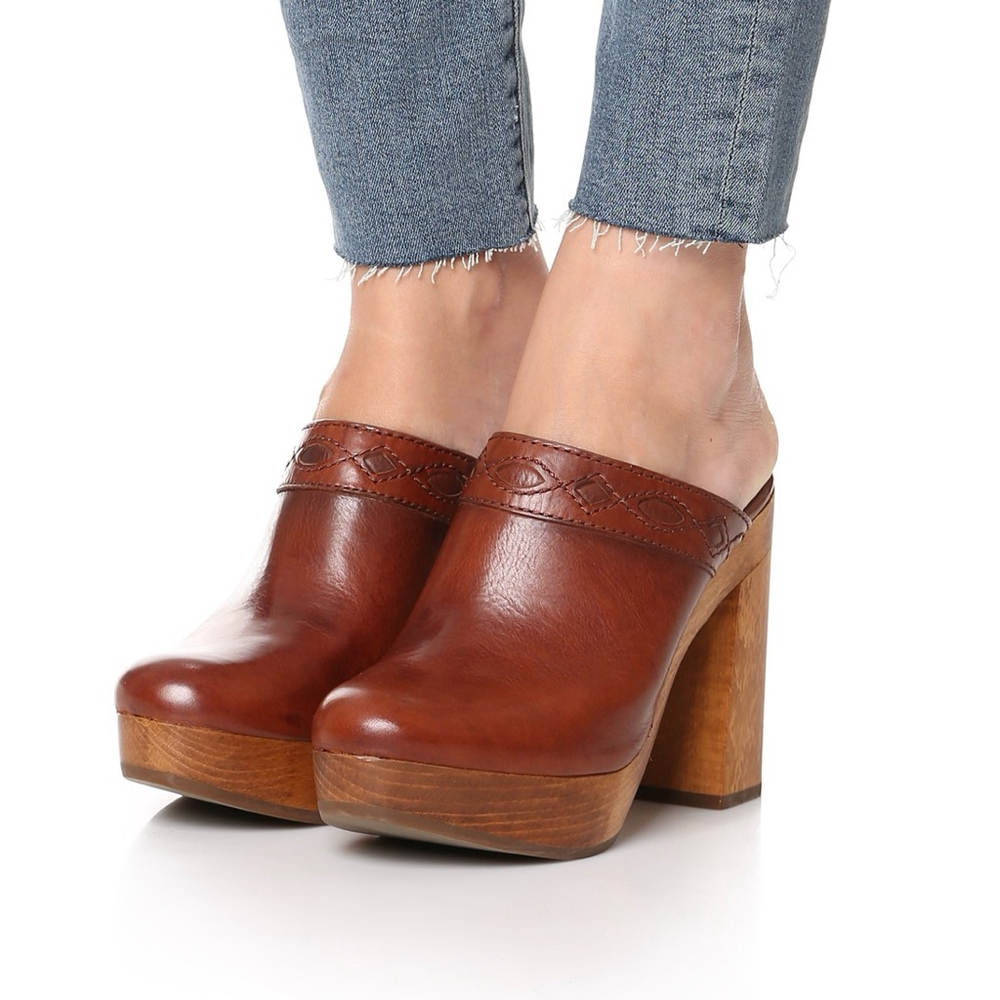 Frye Cognac Leather Platform Clog Mules